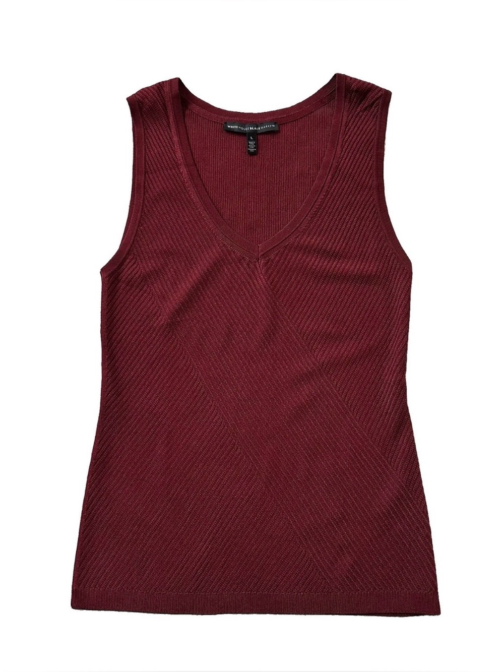 WHBM Burgundy Tank Top L Chevron Textured Knit V-Neck Quiet Luxury Minimalist
